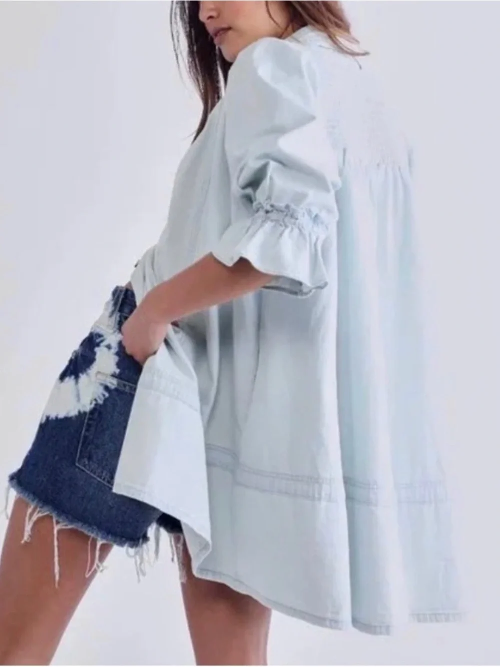 Free People Venessa Denim Tunic Pale Blue Smocked Denim Shirt size Small